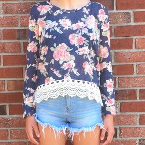Navy Floral Cropped Long Sleeve